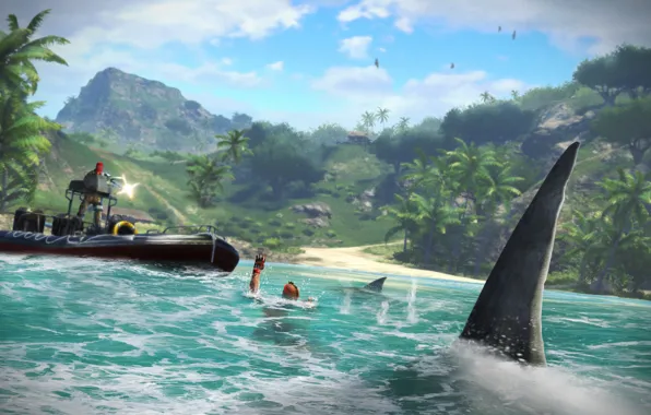 Picture sea, mountains, blood, knife, shooter, Far cry 3