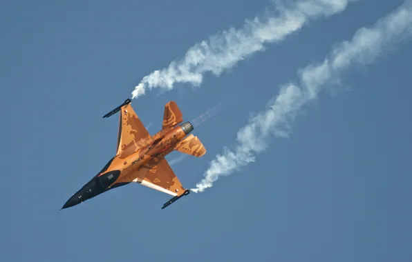 Picture the sky, the plane, smoke, fighter, turn, F-16 AM, Netherlands