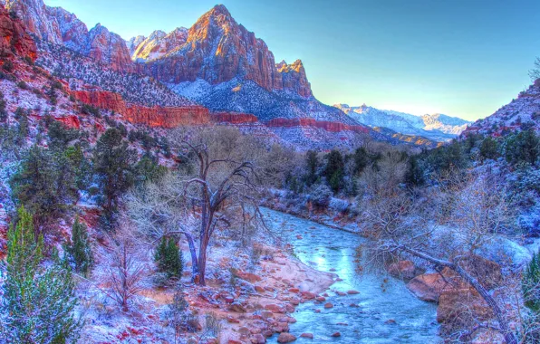 Picture winter, the sky, snow, mountains, river, Utah, USA, zion national park