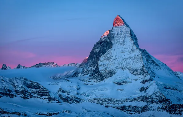 Picture cold, the sky, light, snow, mountains, mountain, morning, Alps, Matterhorn, the first rays