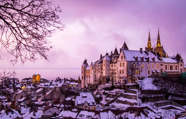 Picture winter, lake, castle, building, home, Switzerland, panorama, Switzerland, Lake Neuchatel, Neuchâtel, The Neuchatel Castle, Lake …