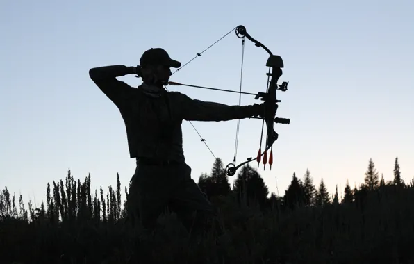 Picture sunset, man, shadows, archery, compound bow