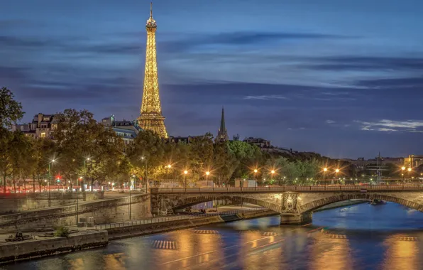 Picture bridge, river, France, Paris, Eiffel tower, Paris, night city, promenade, France, Eiffel Tower, His River, …