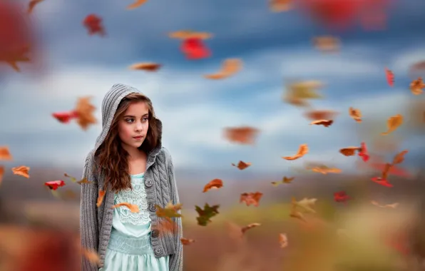 Picture autumn, leaves, the wind, girl, Flurry