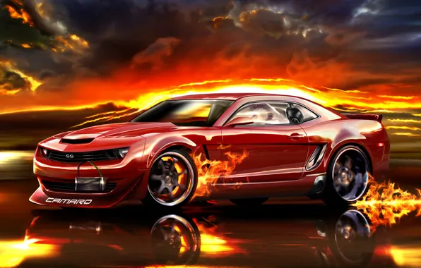 Picture road, red, fire, speed, Camaro, car