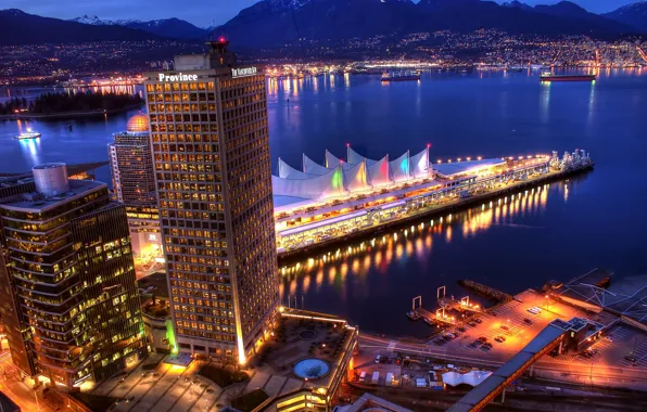 Picture sea, mountains, the city, Marina, home, the evening, Vancouver