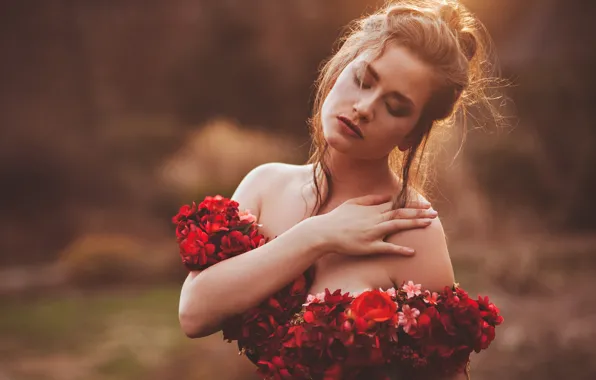 Picture girl, flowers, mood, hand, neckline