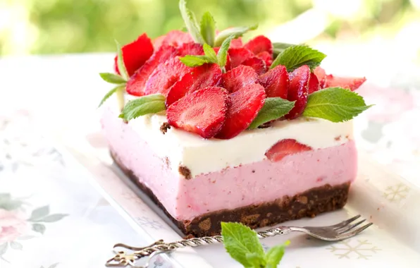 Picture berries, strawberry, plate, cake, cake, plug, mint, dessert, sweet, cheesecake