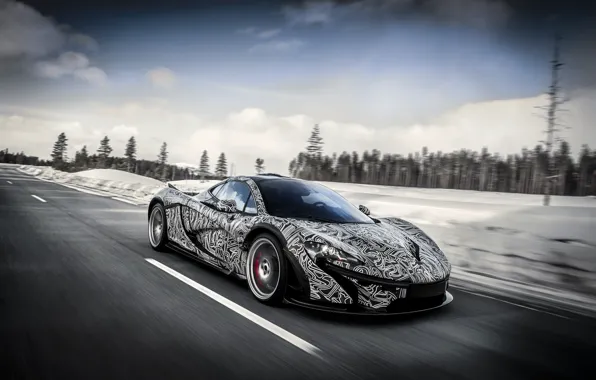Picture road, the sky, snow, speed, hypercar, Mclaren P1