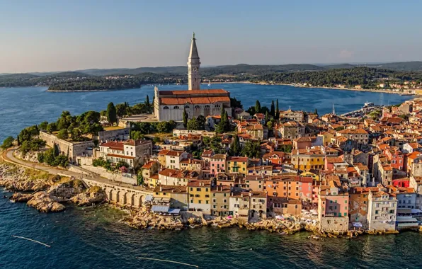 Picture city, cathedral, sea, landscape, houses, buildings, architecture, roofs, cityscape, Croatia, church, Rovinj, bell tower