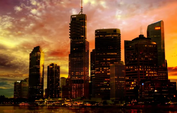 Picture sunset, the city, lights, river, neon, wallpaper, promenade, skyscrapers, city lights, skyscraper, Australia, Methevas, Australia, …