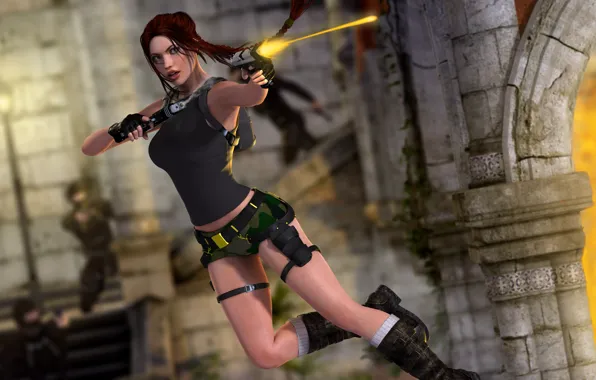 Picture girl, rendering, jump, guns, shot, Tomb Raider, ruins, Lara Croft
