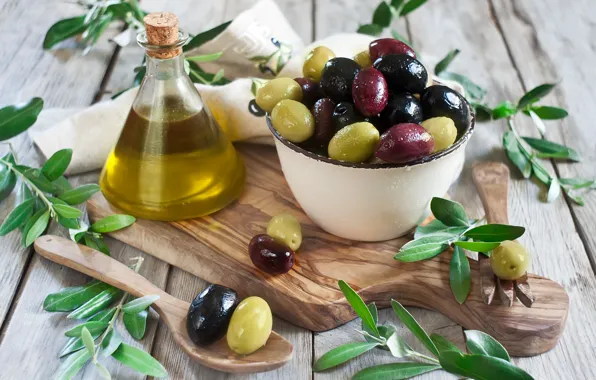 Picture plate, Board, bowl, olives, leaves, leaves, napkin, olive oil, olives, olive oil, tissue paper, Board