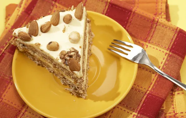 Picture food, chocolate, plate, cake, plug, nuts, orange background, yellow background, cream, cake, sweet, napkin, a …