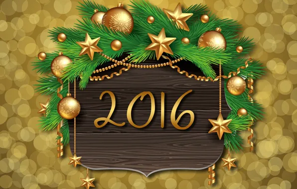Picture decoration, balls, tree, New Year, Christmas, golden, balls, New Year, Xmas, decoration, Happy, 2016