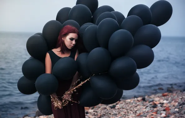 Picture sadness, sea, beach, girl, balls, makeup, outfit, pebbles
