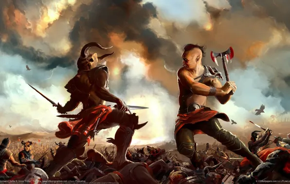 Picture clouds, weapons, blood, warrior, art, rage, crows, battle, the fight, simon robert