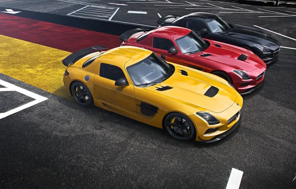 Picture Mercedes-Benz, German, Red, AMG, Black, SLS, Yellow, Widescreen, Flag, Supercar, Black Edition, Asphalt
