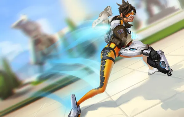 Picture girl, guns, glasses, costume, blizzard, Overwatch, tracer