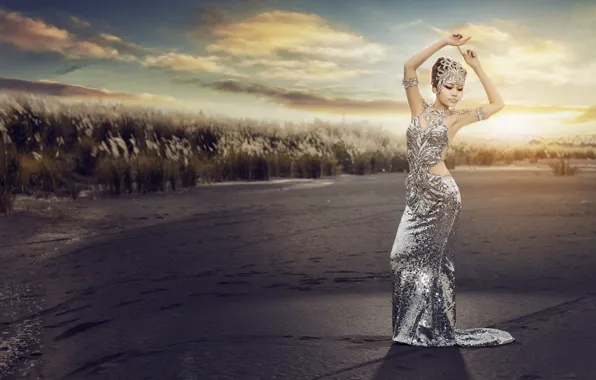 Picture sunset, pose, figure, dress, outfit, Asian
