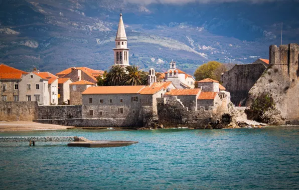 Picture sea, landscape, mountains, shore, home, pier, Montenegro, Budva