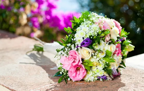 Picture flowers, roses, bouquet, blur, pink, white, bokeh