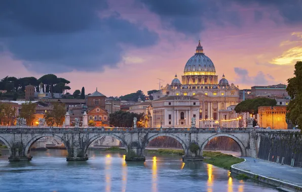 Picture the sky, clouds, landscape, bridge, home, the evening, Rome, Italy, Tiber river, St. Peter's Cathedral