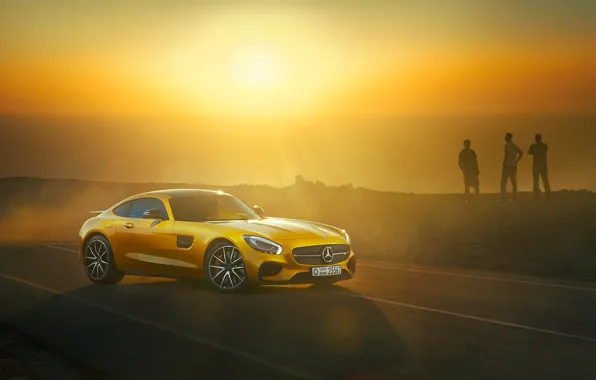 Picture Mercedes-Benz, Front, AMG, Sun, Day, Yellow, Road, Sea, 2015, GT S