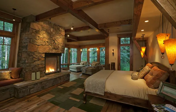 Wallpaper rustic, design, interior, bedroom, fireplace images for