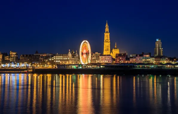 Picture night, lights, reflection, mirror, horizon, Ferris wheel, Belgium, Antwerp, the river Scheldt