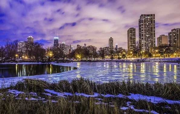Picture winter, water, clouds, lights, lake, ice, skyscrapers, the evening, America, Chicago, USA, Il