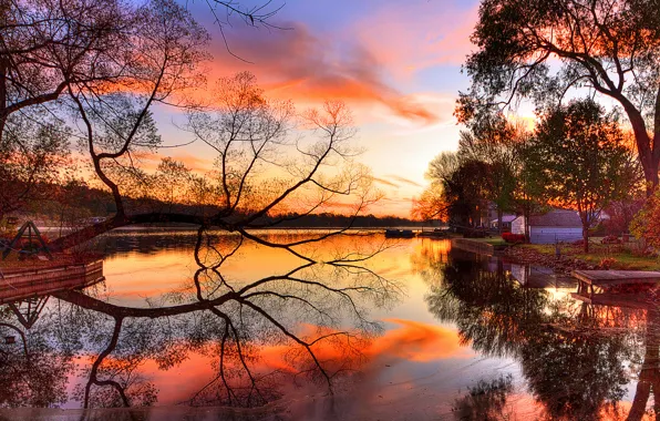 Picture the sky, sunset, reflection, river, tree, shore