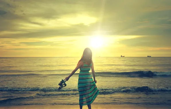 Picture sea, wave, the sky, girl, the sun, mood
