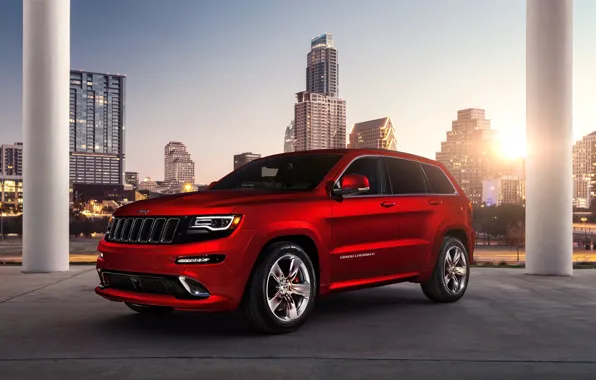 Picture red, city, the city, building, Jeep, red, srt, grand cherokee, building, Jeep
