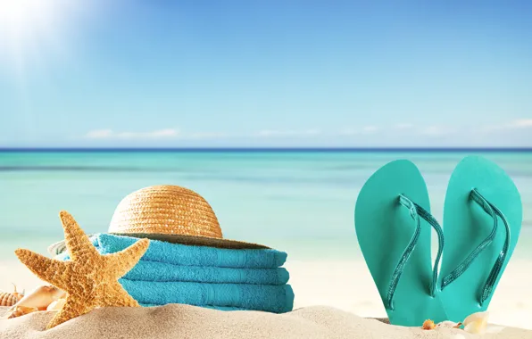 Picture sand, sea, beach, summer, the sun, stay, towel, hat, shell, summer, beach, vacation, sea, sun, …