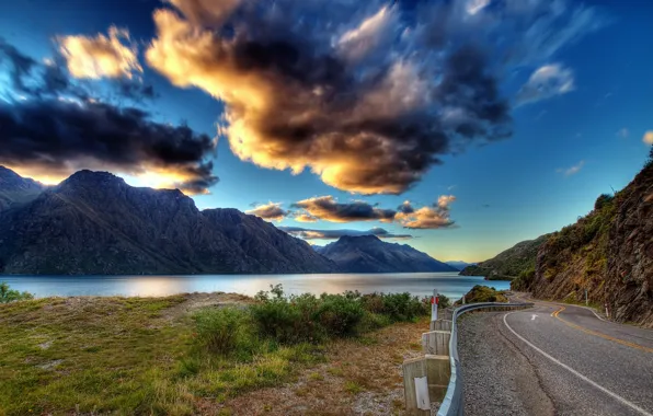 Picture road, greens, the sky, grass, water, clouds, landscape, mountains, clouds, nature, lake, river, earth