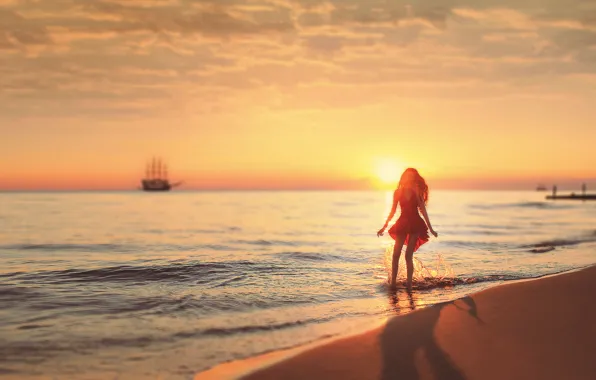 Picture The sun, Sand, Sea, Beach, Girl, Dress