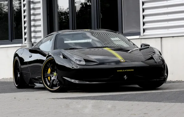 Picture black, the hood, ferrari, Ferrari, black, front view, Italy, 458 italia, yellow stripe