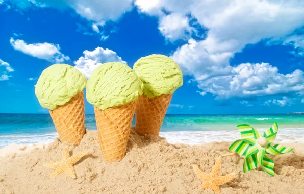 Picture sand, beach, summer, ice cream, summer, beach, horn, sea, sand, dessert, ice cream
