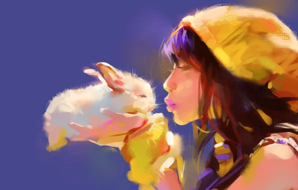 Picture girl, tenderness, kiss, rabbit