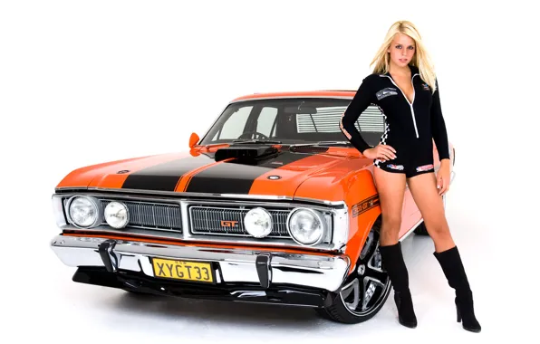 Picture Girls, blonde, beautiful girl, on a white background, standing near the car, an American classic