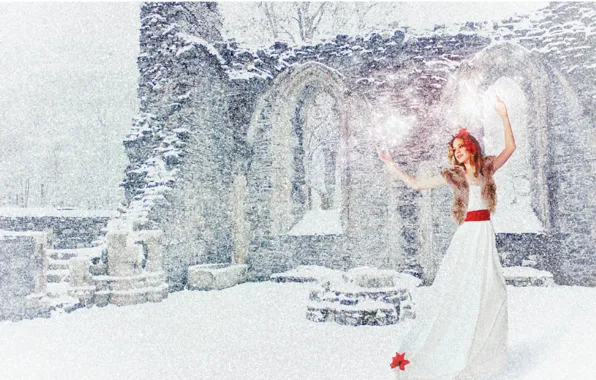 Picture winter, white, girl, snow, joy, red, mood, holiday, new year, dance, dress