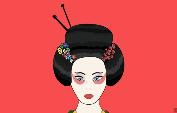 Picture flowers, red, hair, figure, minimalism, Japan, geisha, lips, kimono