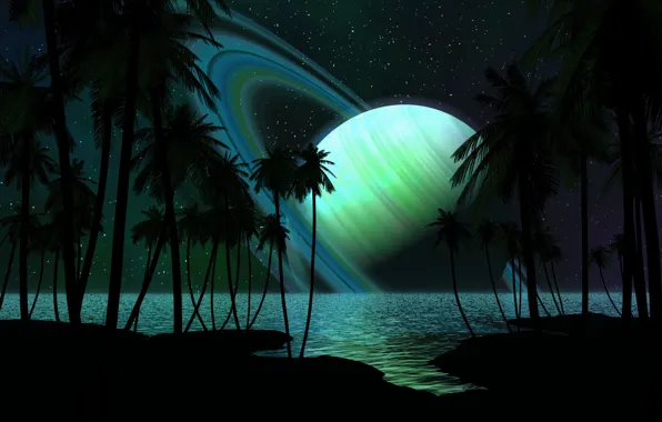 Picture sea, stars, trees, shore, planet, ring