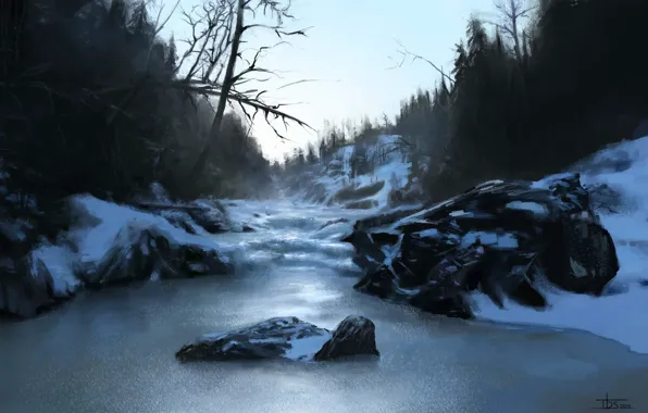 Picture winter, forest, snow, nature, river, stones, hills, art