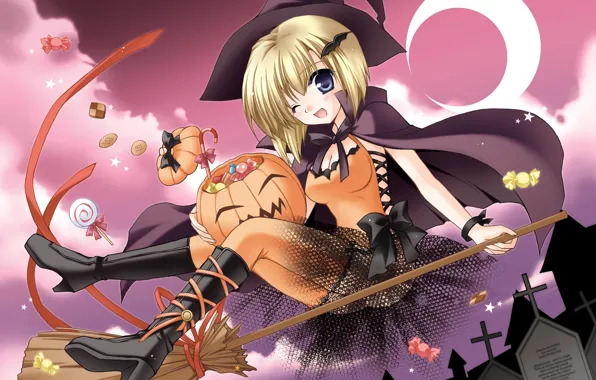 Picture the moon, crosses, art, candy, girl, tape, cemetery, sweets, Halloween, pumpkin, Halloween, witch, broom, stars, …