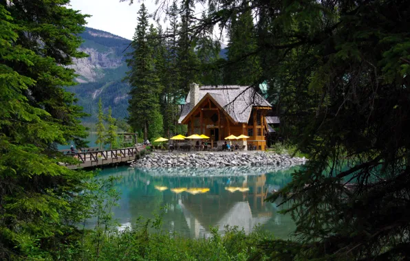Picture forest, trees, mountains, bridge, lake, house, Canada, Yoho National Park, Emerald lake
