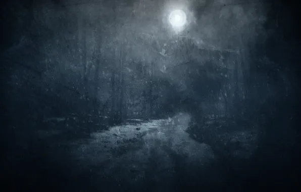 Picture winter, road, forest, snow, trees, night, the moon, twilight, the full moon