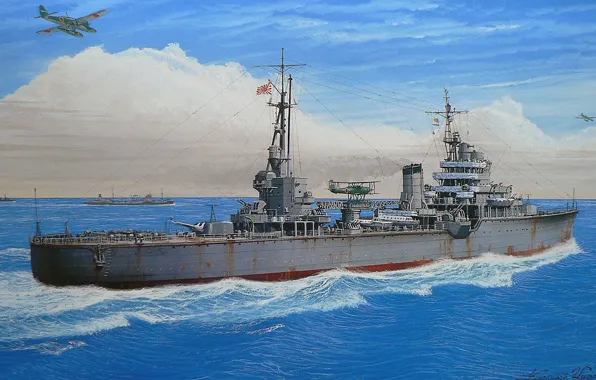 Picture sea, the sky, figure, art, cruiser, Japanese, WW2, purpose, easy, special, Aichi M6A Seiran, seaplanes, …