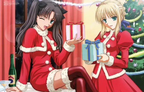 Picture girls, new year, gifts, tree, the snow maiden, Fate Stay Night